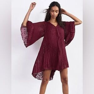 Anthropologie Toulon Pleated Mini Peasant Romantic Velvet Embroidered Dress L